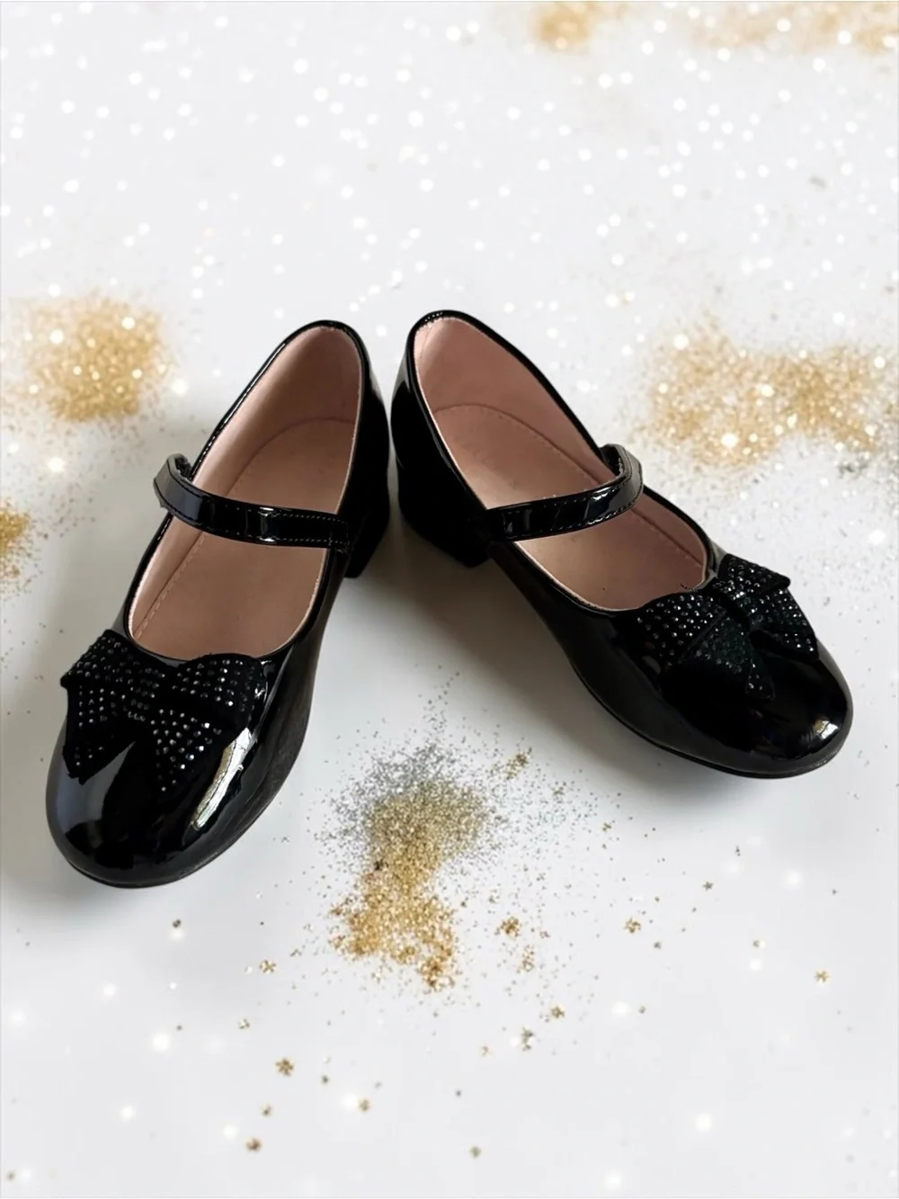 Kelly & Katie Toddler Girl Black Patent Rhinestone Bow Dress Flats | Size 12
